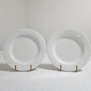 Vintage BOMBAY (2) Embossed Dinner Plates Scrolls Stoneware Elegant White 11"